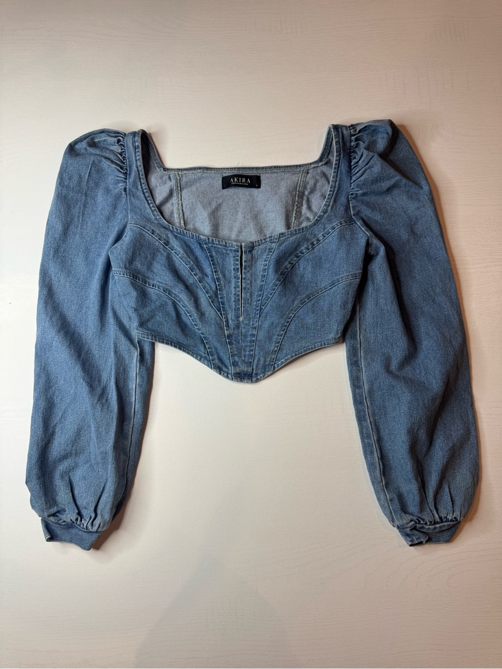 AKIRA Light Wash Denim Corset Puff Sleeve Crop Top